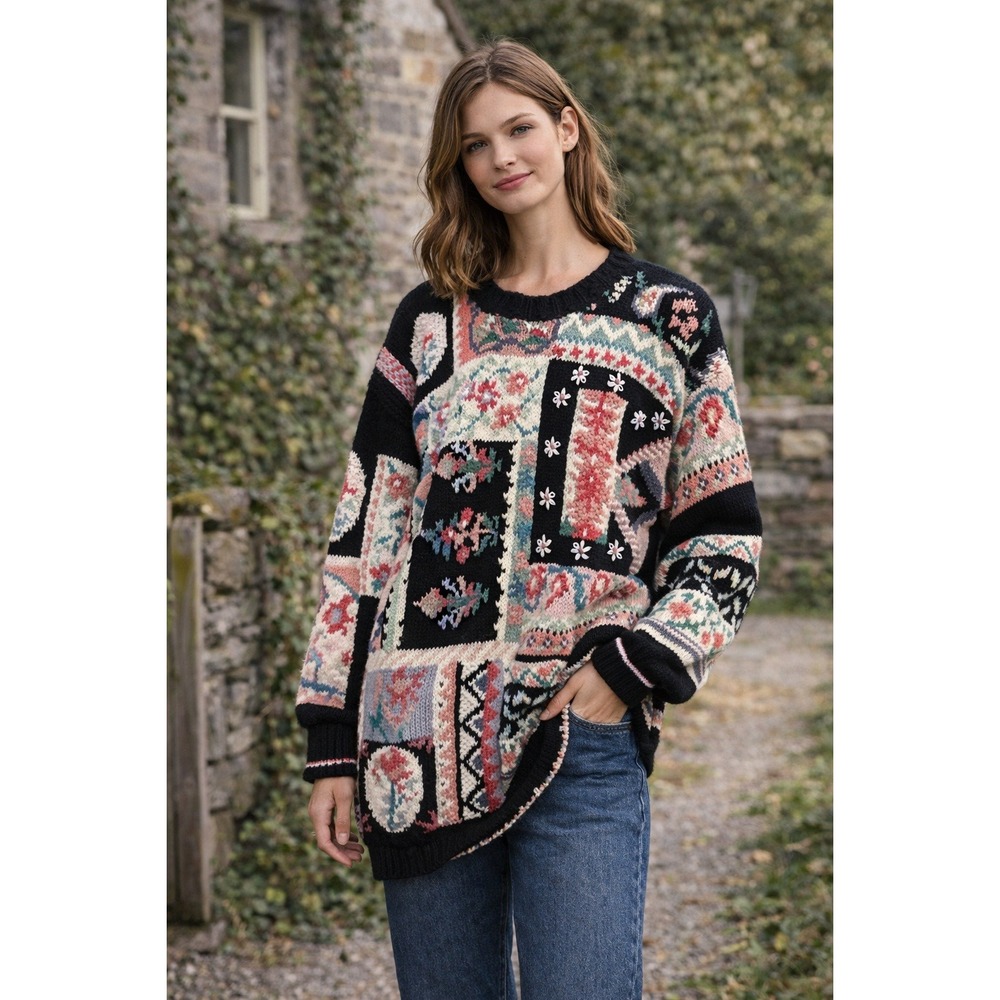 Vintage Hand Knit Patchwork Sweater BEST American Folk Oversized  Cottagecore